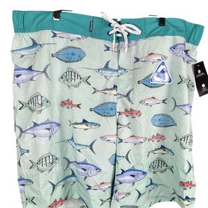 Ocean Coast Mens XXL Swim Trunks Fish Print Aqua Recycled Stretch Board Shorts